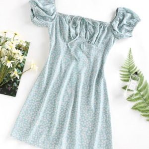 Ditsy Floral Ruched Puff Sleeve Tie Dress