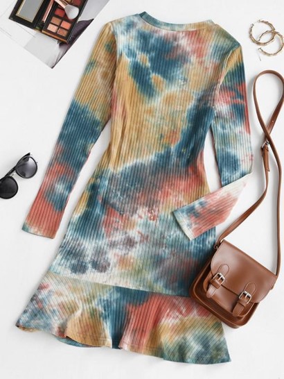 Tie Dye Cinched Flounce Ribbed Tee Dress - Image 2